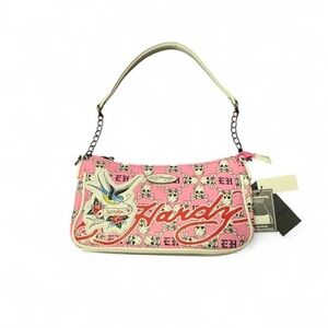 Ed Hardy Pink Graphic Mini Shoulder Bag with Cream Trim